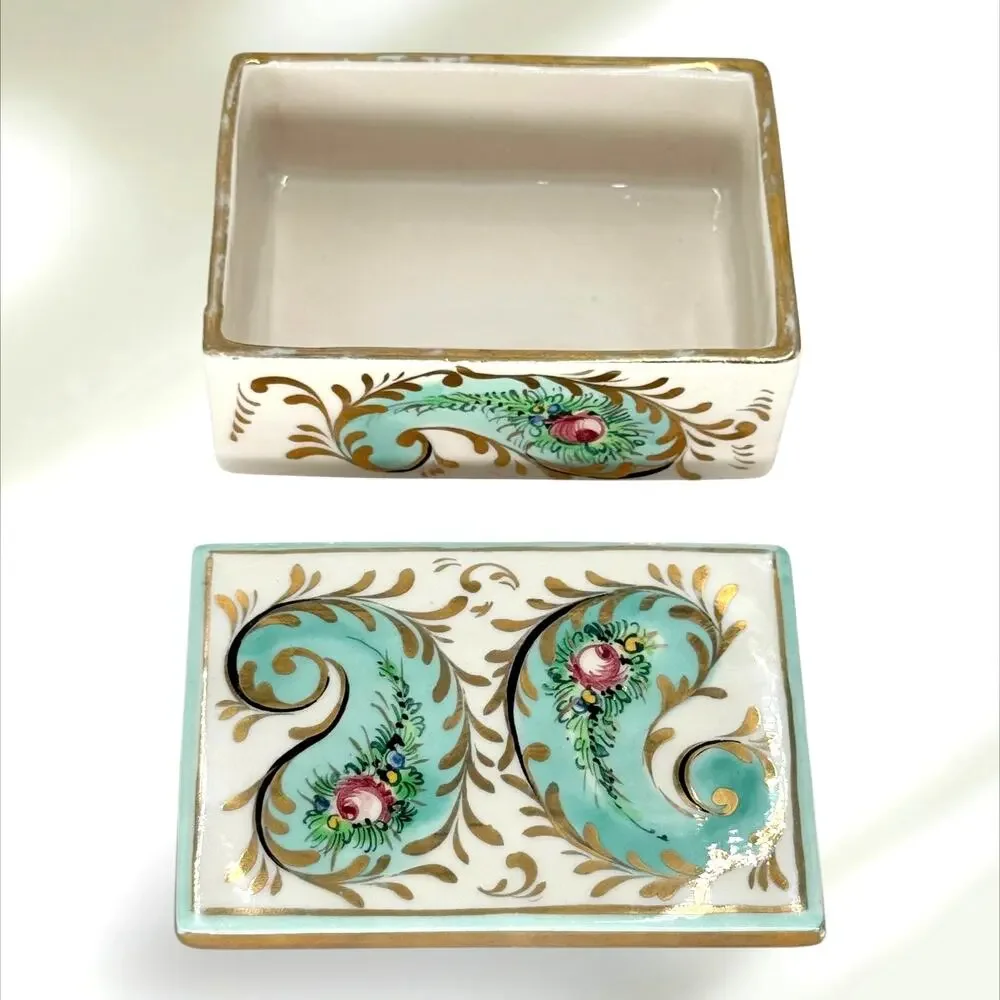 Vintage Italian Hand Painted Jewelry Box Floral Gold Trim Cottage Vanity Decor - Picture 2 of 6